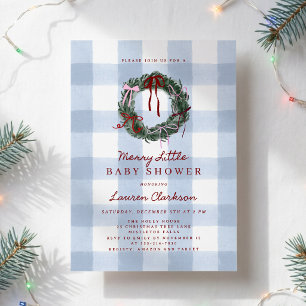 Merry Little Blue Gingham Wreath Baby Shower Invitation