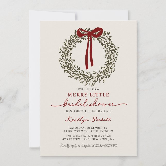 Merry Little Bow Christmas Wreath Bridal Shower Invitation (Front)