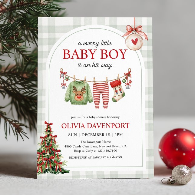 Merry Little Boy Gingham Christmas Baby Shower Invitation (Creator Uploaded)