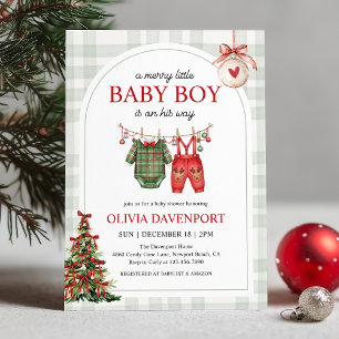 Merry Little Boy Gingham Christmas Baby Shower Invitation
