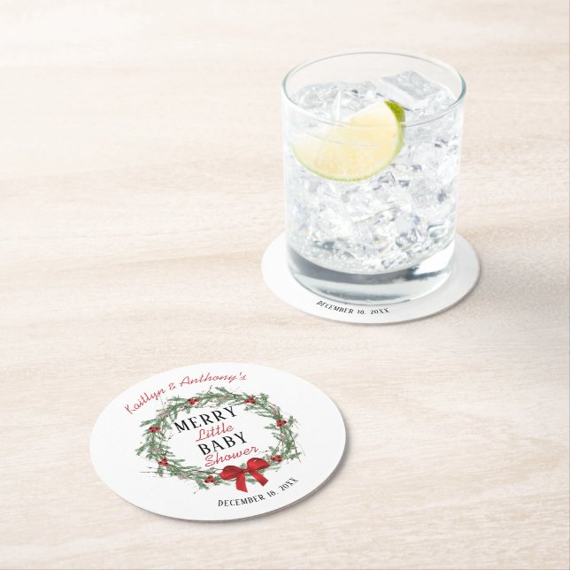 Merry Little Christmas Baby Shower Round Paper Coaster (Insitu)