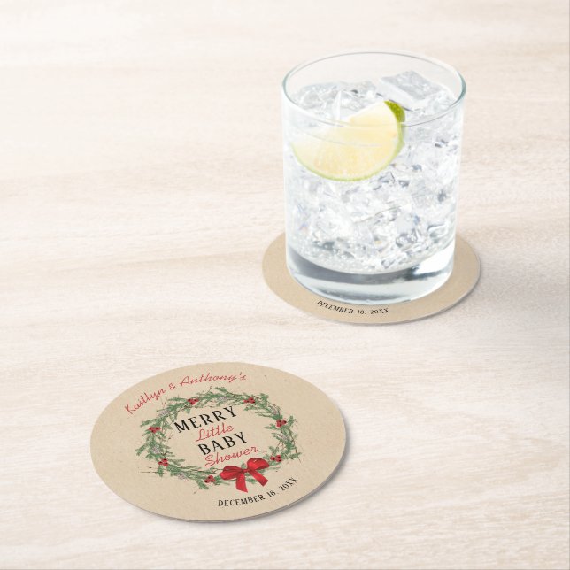 Merry Little Christmas Baby Shower Round Paper Coaster (Insitu)