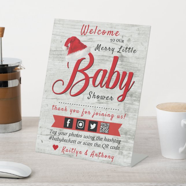 Merry Little Christmas Baby Shower Welcome Pedestal Sign (In SItu)