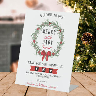 Merry Little Christmas Baby Shower Welcome Pedestal Sign