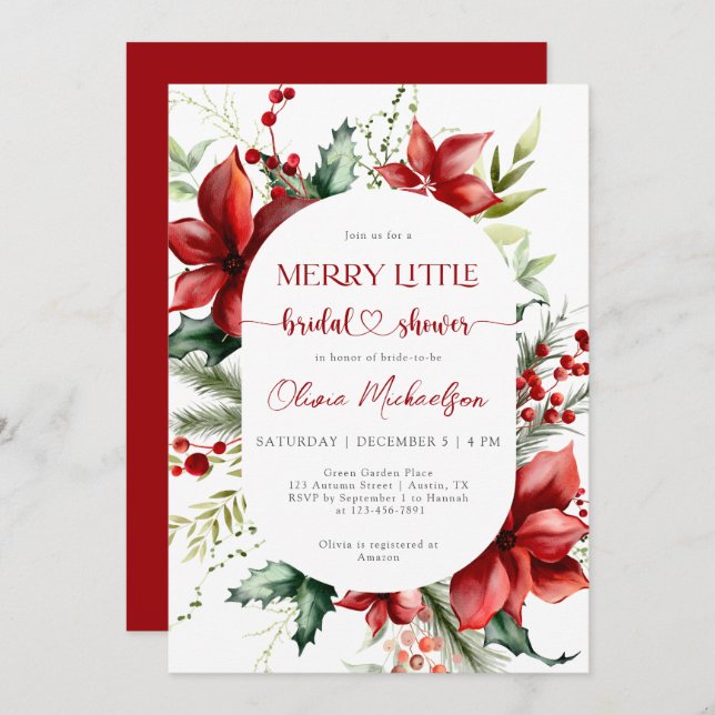 Merry Little Christmas Berry Floral Bridal Shower  Invitation (Front/Back)