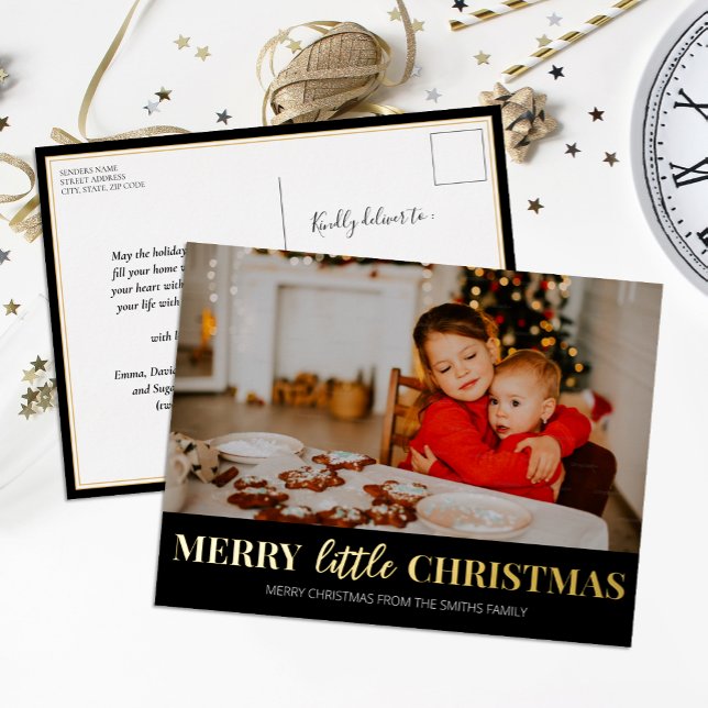 Merry Little Christmas Black Gold Modern Photo Foil Holiday Postcard (Creator Uploaded)