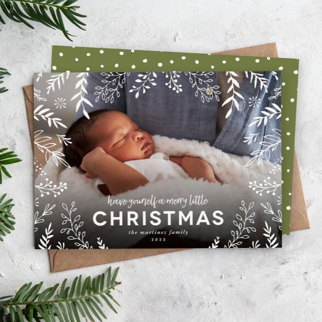 Merry Little Christmas Botanical Overlay Photo Holiday Card (Creator Uploaded)