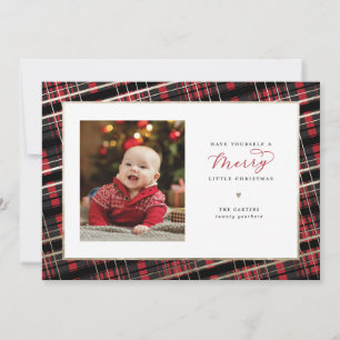 Merry Little Christmas Card Red Plaid Faux Foil