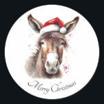 Merry Little Christmas Donkey, custom Classic Round Sticker<br><div class="desc">Add a charming touch of holiday cheer to gifts, envelopes, or party favours with our Merry Little Christmas Donkey Custom Round Sticker. This delightful sticker features a sweet watercolor donkey wearing a festive Santa hat, accompanied by elegant Merry Christmas text, all within a neat circular design. It's a perfect way...</div>