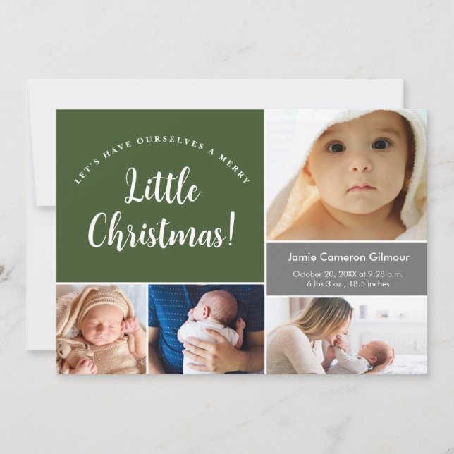 Merry little Christmas Green Baby birth photos Thank You Card (Front)