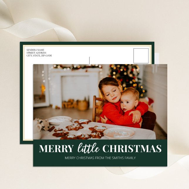 Merry Little Christmas Green Modern Script Photo Holiday Postcard (Creator Uploaded)