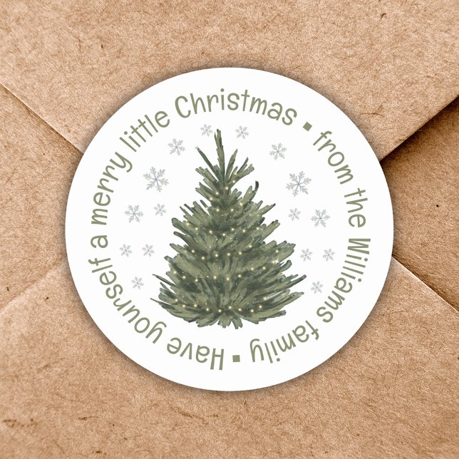 merry little Christmas, holiday tree family name Classic Round Sticker (Creator Uploaded)