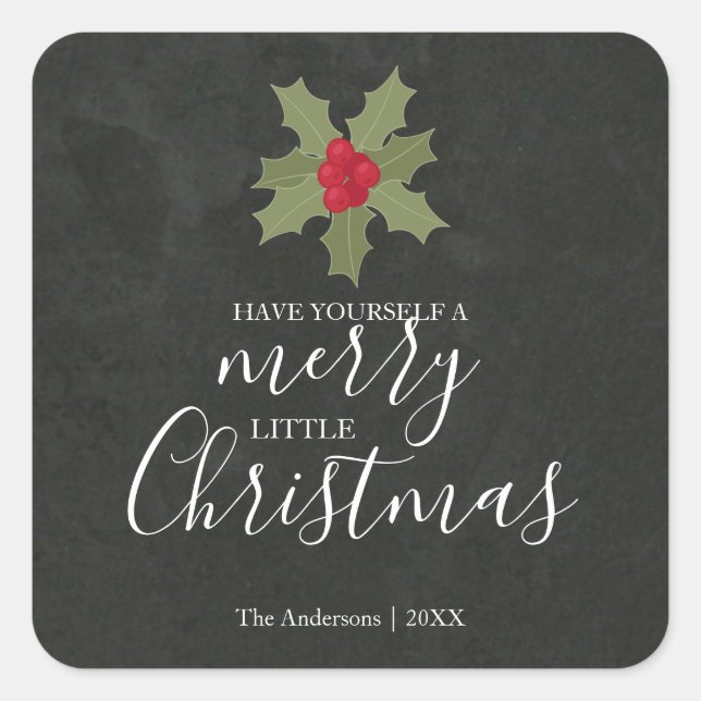 Merry Little Christmas Holly Holiday Square Sticker (Front)