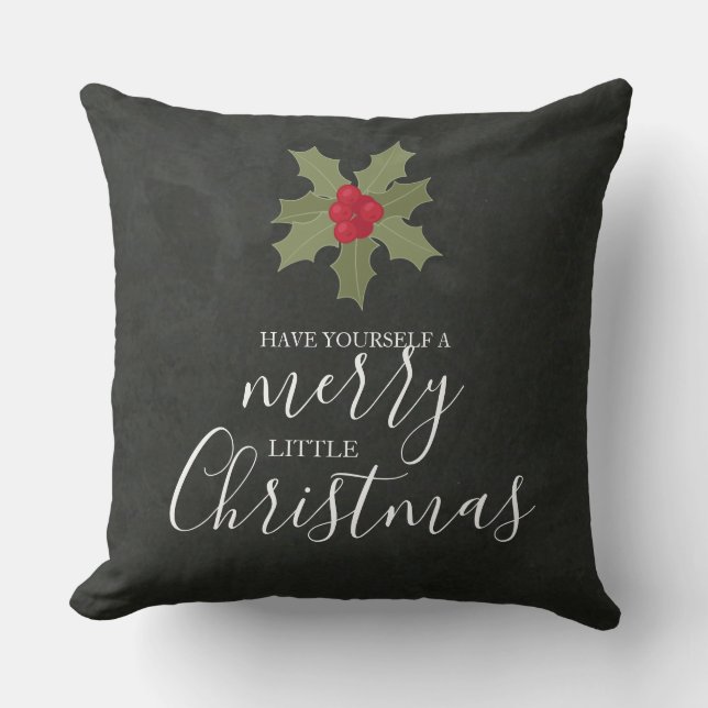 Merry Little Christmas Holly & Slate Holiday Cushion (Front)