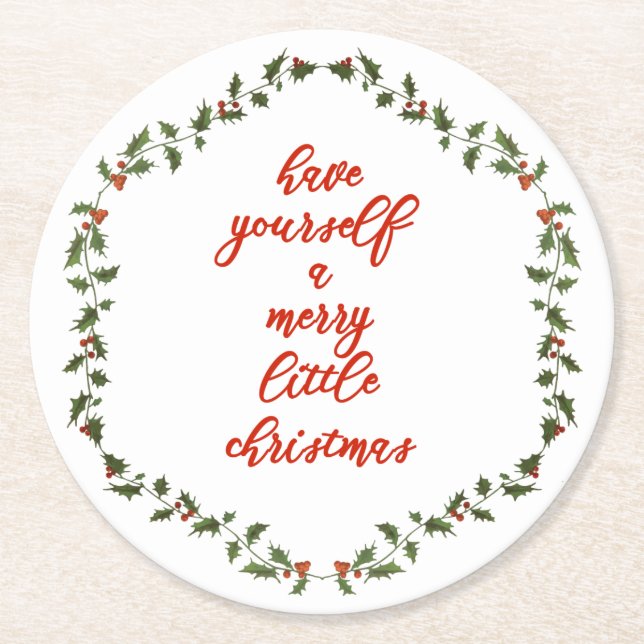 Merry little Christmas Holly Wreath Paper Coasters (Front)