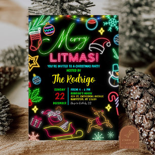 Merry Little Christmas Neon Santa Holiday Party Invitation