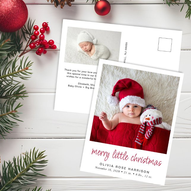 Merry Little Christmas Photo Birth Announcement Postcard (Creator Uploaded)