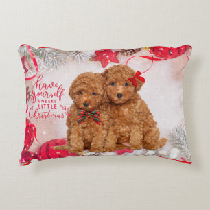 Merry Little Christmas Poodle Puppies Decorative Cushion