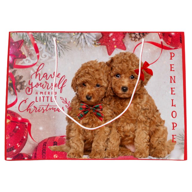 Merry Little Christmas Poodle Puppies Personalised Large Gift Bag (Front)