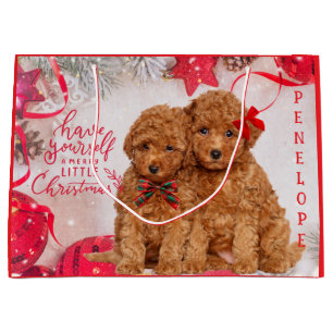 Merry Little Christmas Poodle Puppies Personalized Large Gift Bag