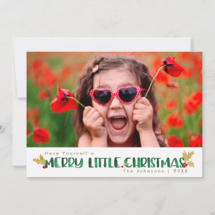 Merry Little Christmas Red & Gold Holly Watercolor Holiday Card