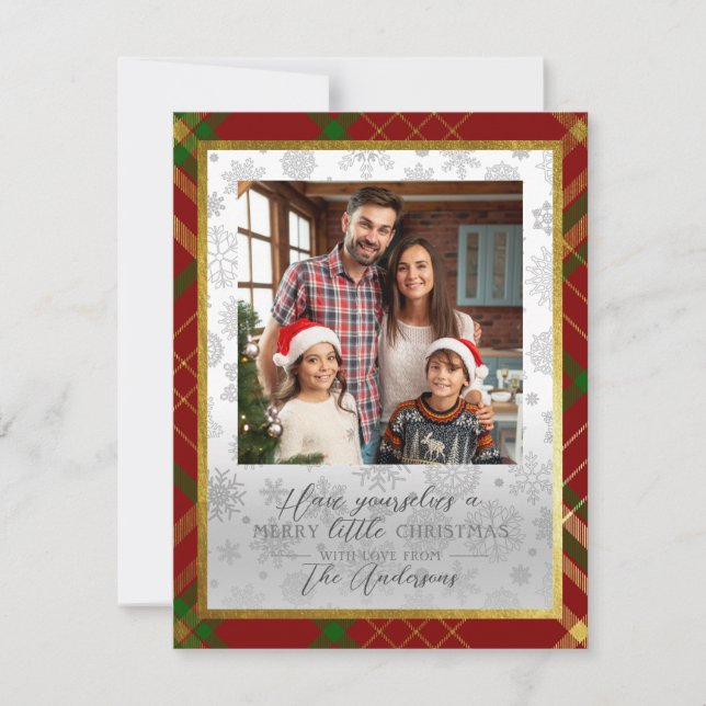 Merry Little Christmas | Red & Gold Tartan Photo Holiday Card (Front)