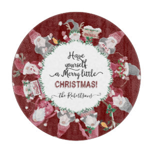 Merry Little Christmas Red Grey Gnomes Santa Hats Cutting Board