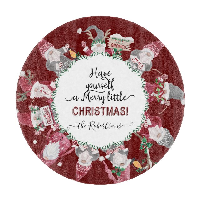Merry Little Christmas Red Grey Gnomes Santa Hats Cutting Board (Front)