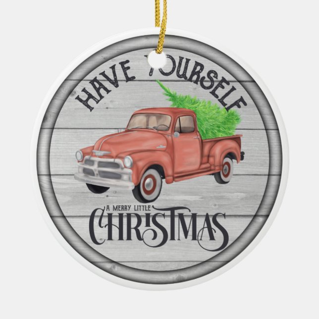 Merry Little Christmas Red Truck Double Sided Ceramic Tree Decoration (Front)