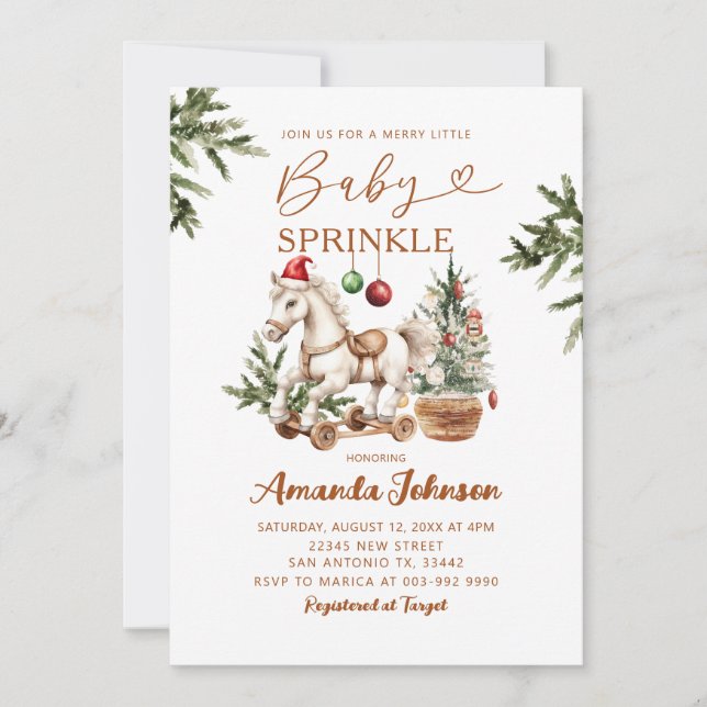 Merry Little Christmas Rocking Horse Baby Sprinkle Invitation (Front)