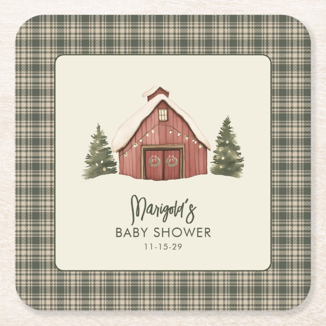 Merry Little Christmas Rustic Baby Shower  Square Paper Coaster (Front)