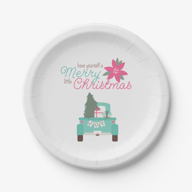 Merry Little Christmas Teal Pick Up Paper Plates (Front)
