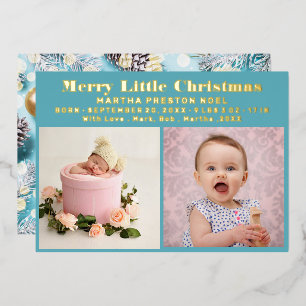 Merry Little Christmas Typography 3 Photo Birth Foil Holiday Card