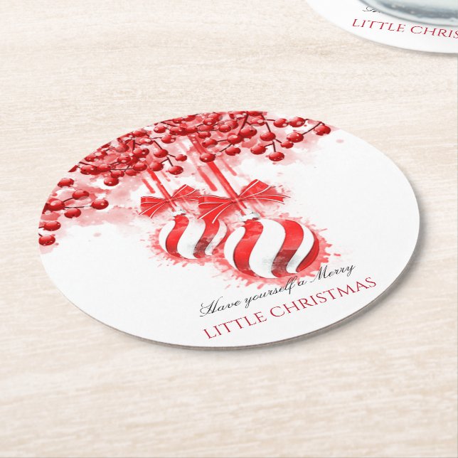 Merry Little Christmas Watercolor Splash Round Paper Coaster (Angled)