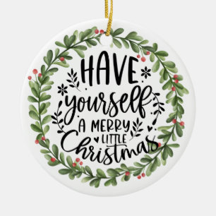 Merry Little Christmas Watercolor Wreath Ceramic Tree Decoration