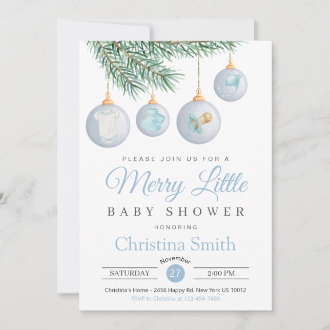 Merry Little Christmas Winter Baby Boy Shower Invitation (Front)