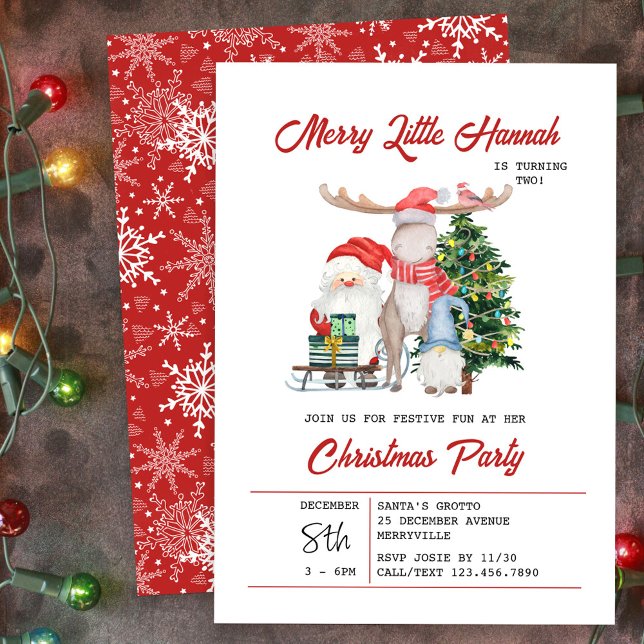 Merry Little Cute Kids Christmas Birthday Party Invitation (Kids Christmas Party Invitation with Santa and Christmas Tree)