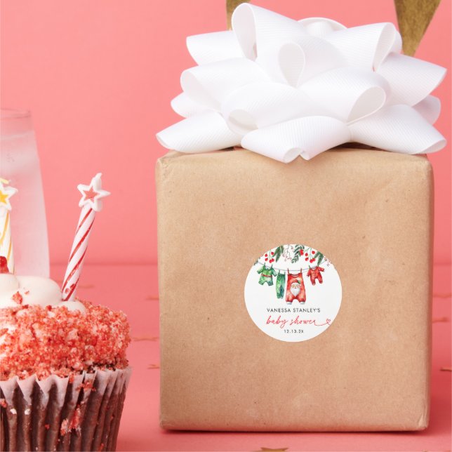 Merry Little Floral Christmas Santa Baby Shower Classic Round Sticker (Party)