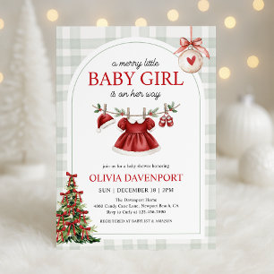 Merry Little Girl Gingham Christmas Baby Shower Invitation