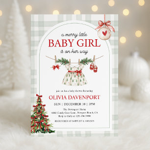 Merry Little Girl Gingham Christmas Baby Shower Invitation
