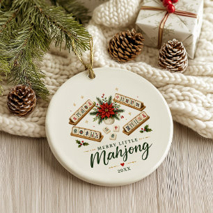 Merry Little Mahjong Poinsetta Christmas Ceramic Tree Decoration