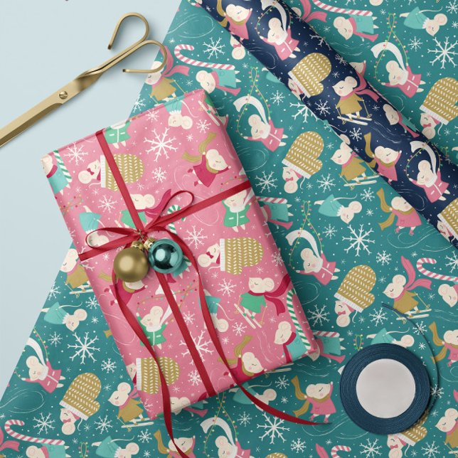 Merry Little Mice- Christmas Wrapping Paper Trio ("Merry Little Mice" Christmas gift wrapping sheets in 3 colors. Designed by Clearlytangled Studio.)