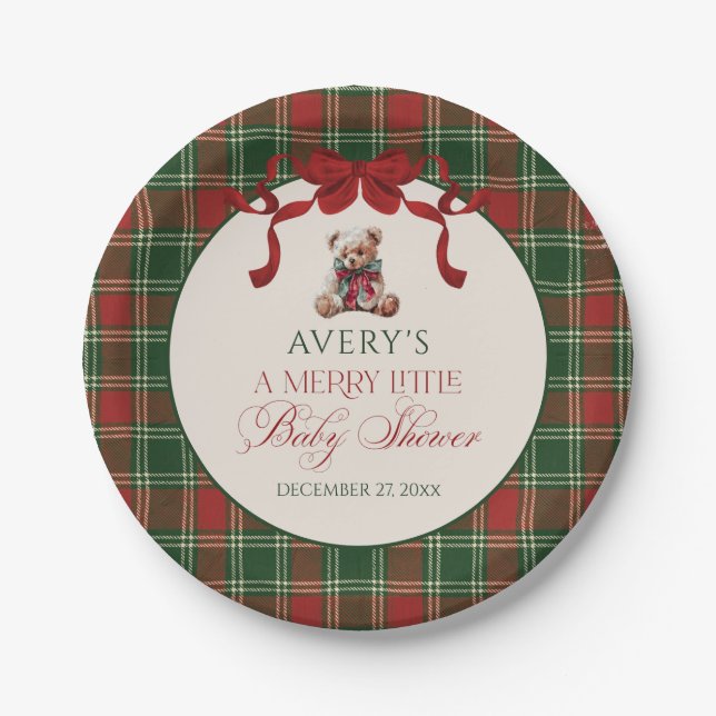 Merry Little Red Bow Christmas Plaid  Paper Plate (Front)