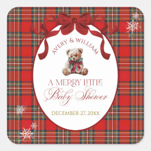 Merry Little Red Bow Christmas Plaid Square Sticker