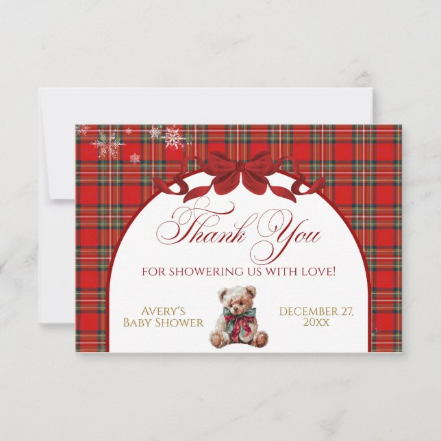 Merry Little Red Bow Christmas Plaid  Thank You Card (Front)