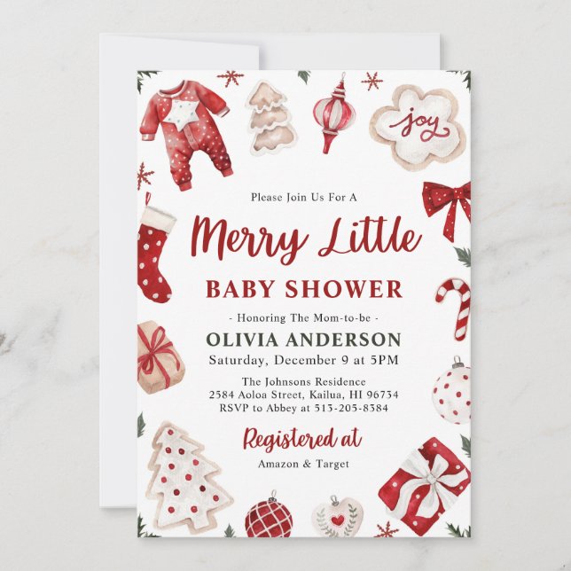 Merry Little Red Winter Xmas Christmas Baby Shower Invitation (Front)
