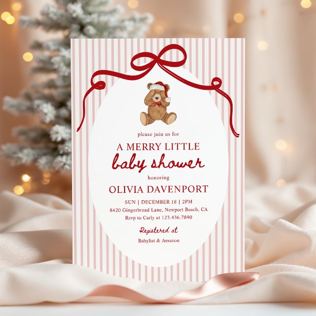 Merry Little Teddy Bear Red Christmas Baby Shower Invitation (Creator Uploaded)