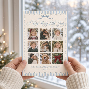 Merry Little Year Blue Bow Christmas Photo Collage Holiday Card