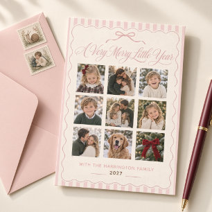 Merry Little Year Pink Bow Christmas Photo Collage Holiday Card