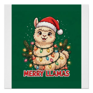 Merry Llamas Funny Christmas Llama Santa Hat Poster